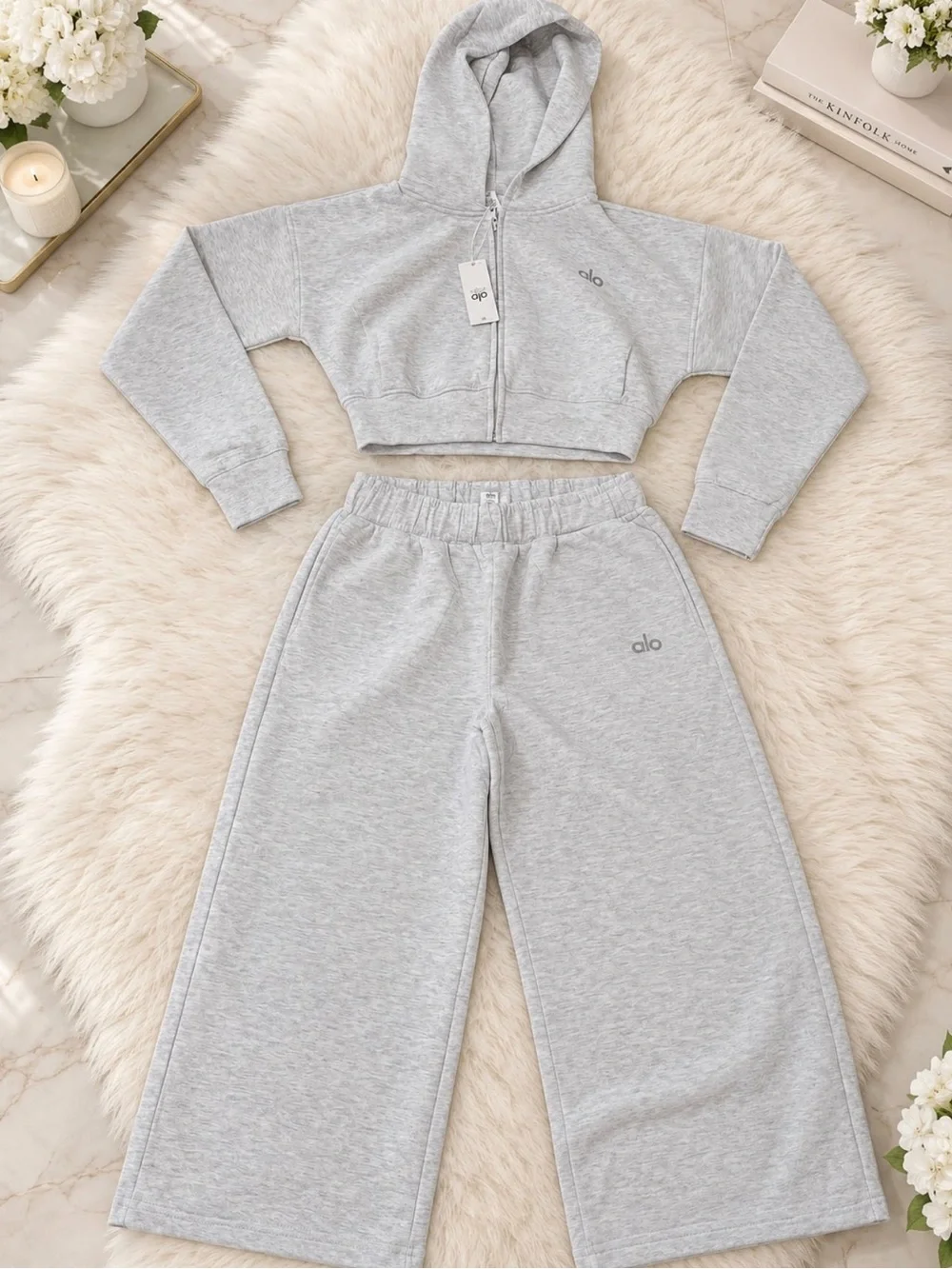 ALO Yoga Light Gray Cropped Zip Hoodie